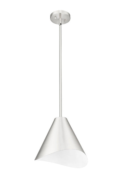 brushed nickel modern single light pendant angled side view.