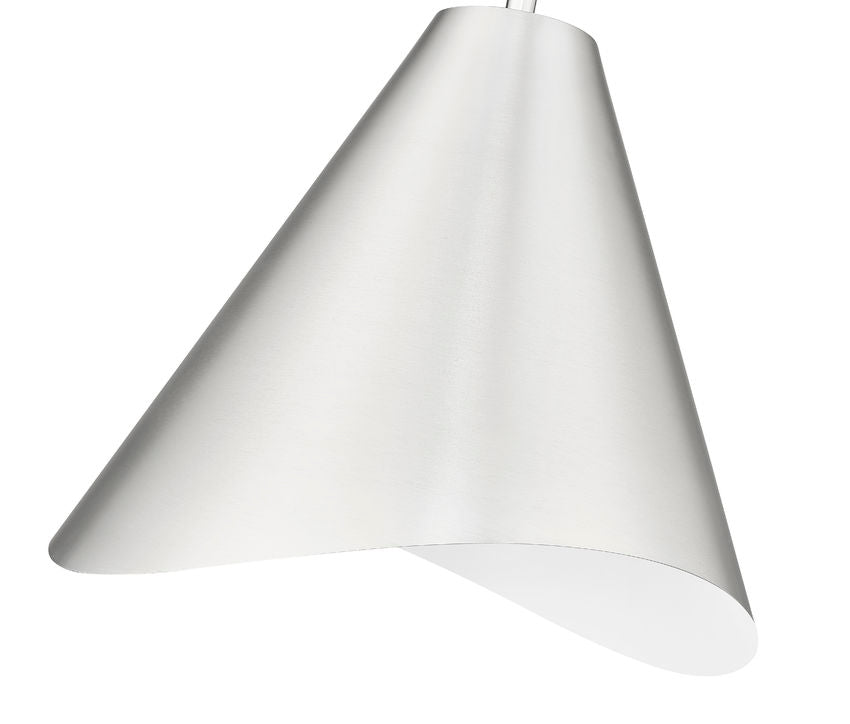 close-up of brushed nickel modern single light pendant showing curved shade.