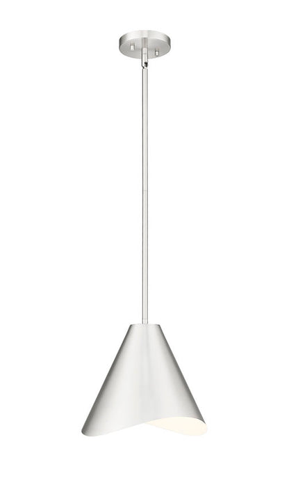 Brushed nickel modern single light pendant with white inner shade