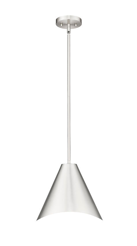 brushed nickel modern single light pendant front view. 