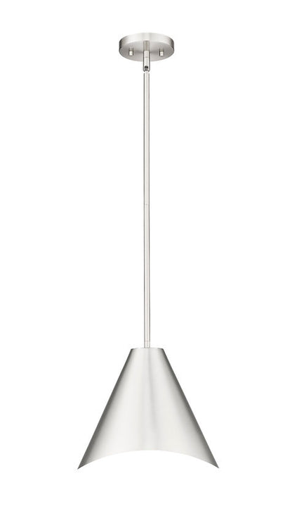 brushed nickel modern single light pendant front view. 