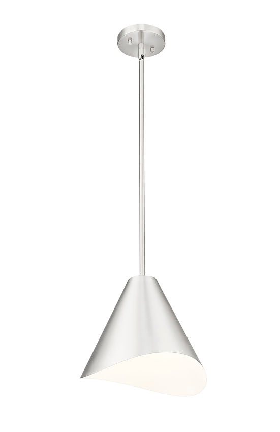 brushed nickel modern single light pendant with soft white inner shade.
