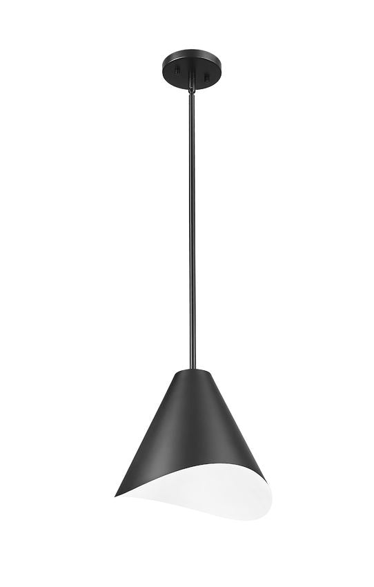 matte black modern single light pendant angled perspective.