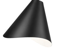 close-up of matte black modern single light pendant curved steel shade.