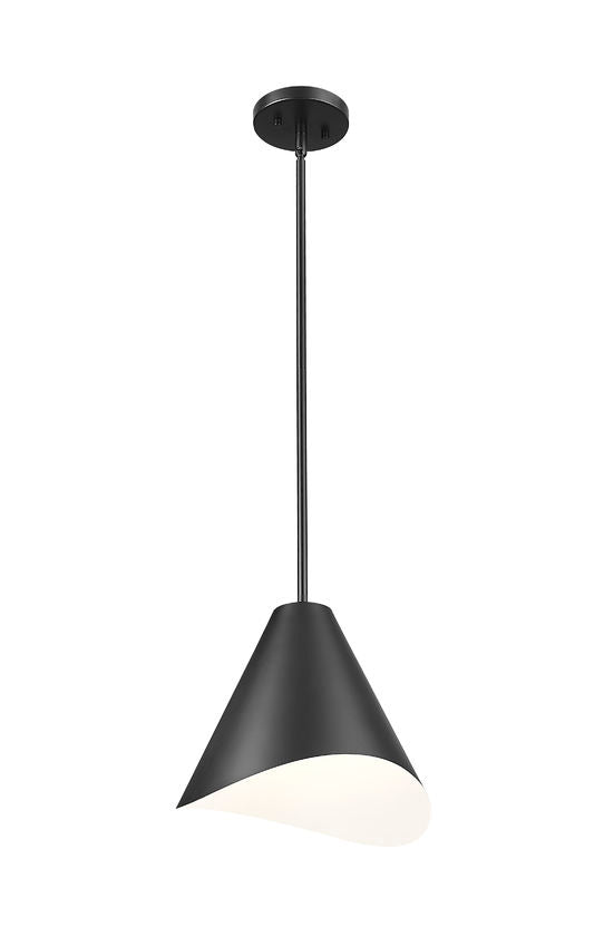 matte black modern single light pendant with white inner shade.