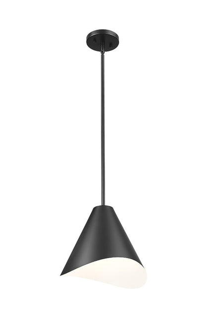 matte black modern single light pendant with white inner shade.