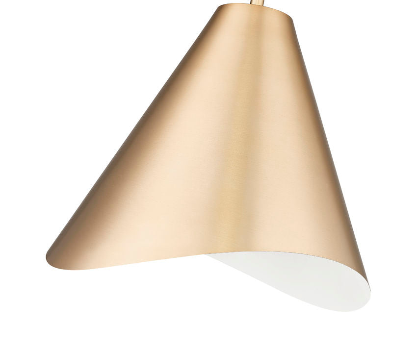 close-up of modern gold pendant light showing brushed metal finish and curved edge.