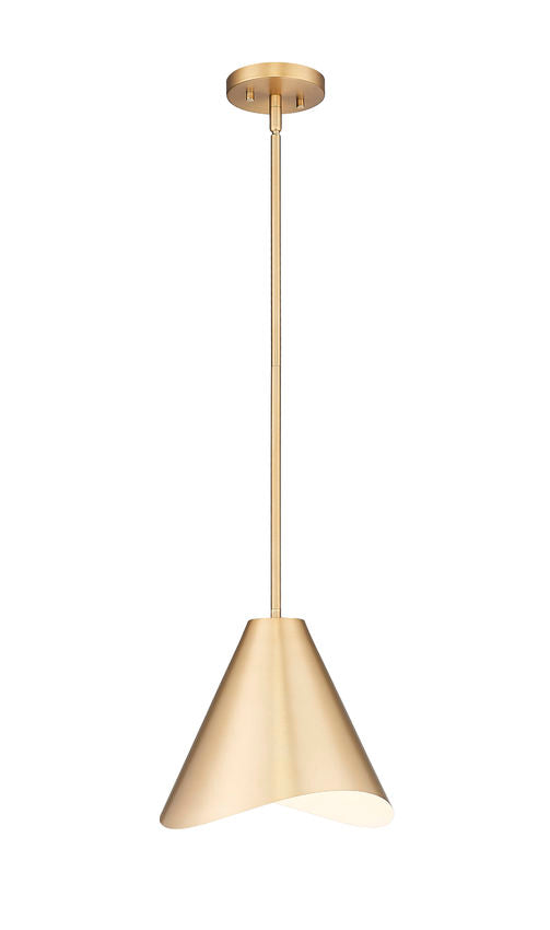 Modern gold single pendant light with soft white glow.
