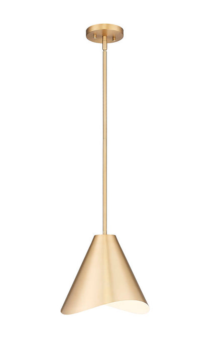Modern gold single pendant light with soft white glow.