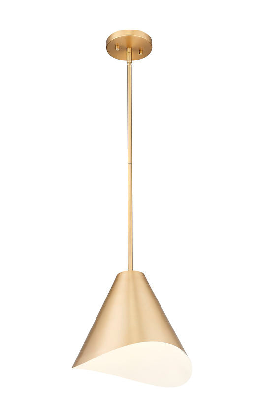 modern gold single light pendant with white interior shade.
