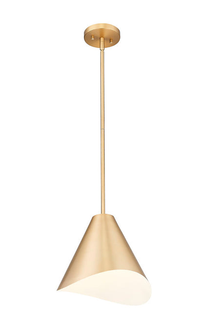 modern gold single light pendant with white interior shade.