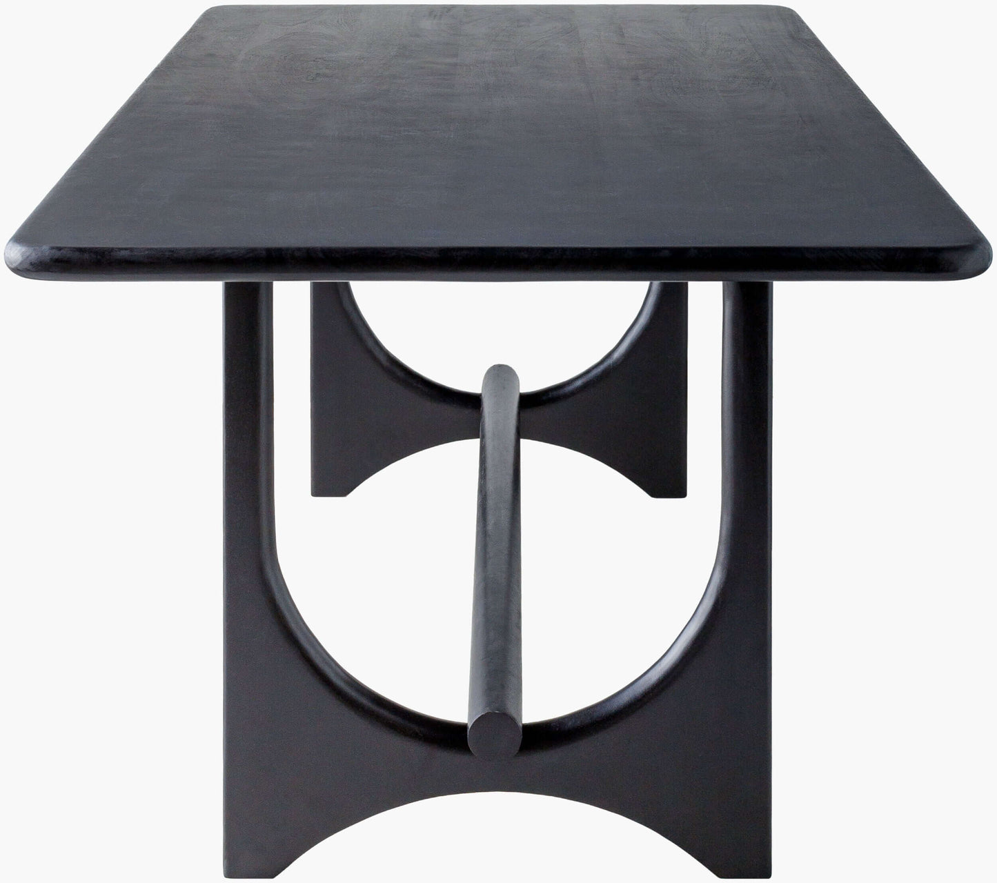 Side profile of the Surya Arland Black Dining Table highlighting its sturdy base and minimalist design.