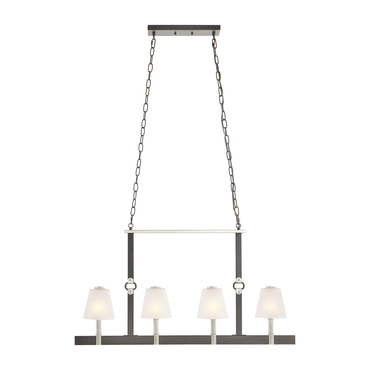 Transitional linear chandelier with frosted glass shades and espresso frame.