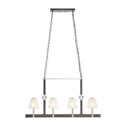 Transitional linear chandelier with frosted glass shades and espresso frame.