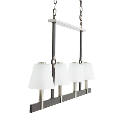 Side view of transitional linear chandelier with frosted glass shades and espresso metal frame.