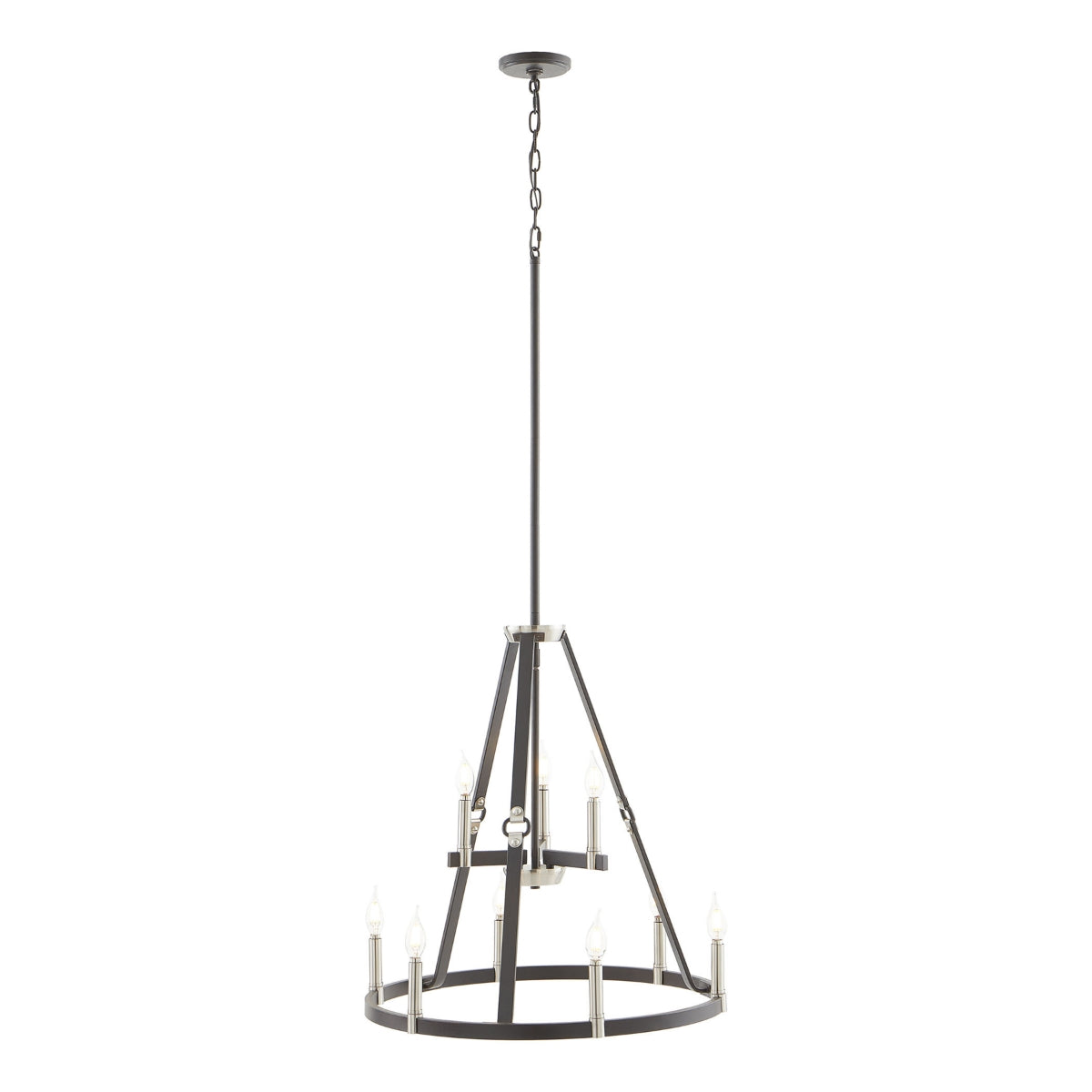 Adjustable height chandelier with sleek espresso frame and satin accents.