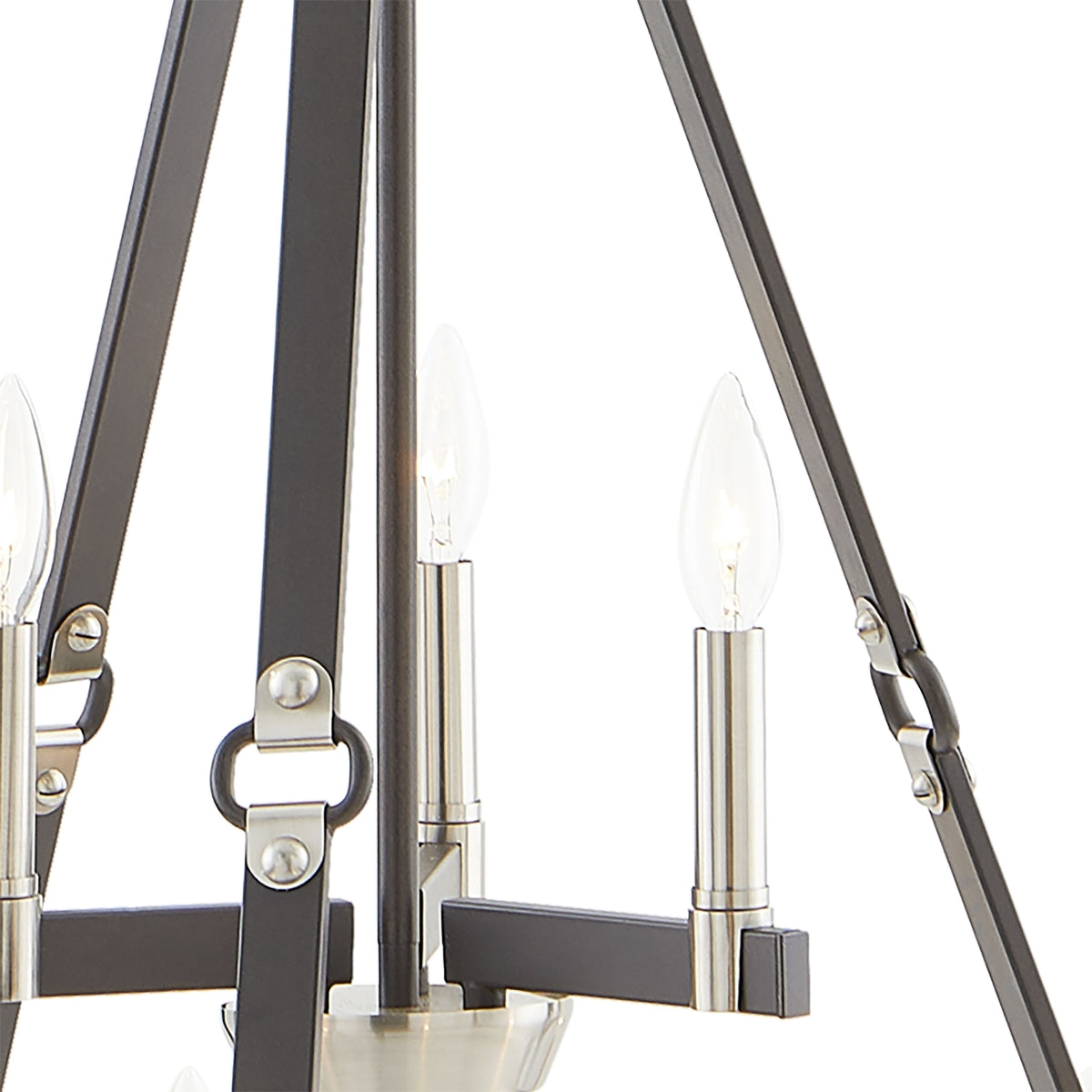 Side view of nickel chandelier candle holders - Highlights the candle-style light holders and sleek, modern design.