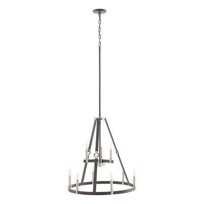 Nine-light dimmable chandelier with brown cord and satin nickel finish.