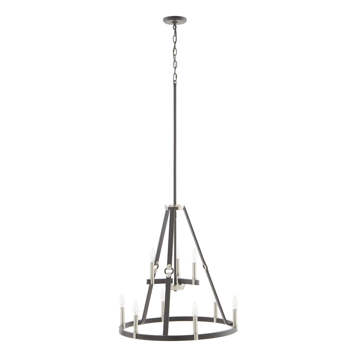 Nickel and espresso chandelier with candelabra bulbs and a sleek buckle design.