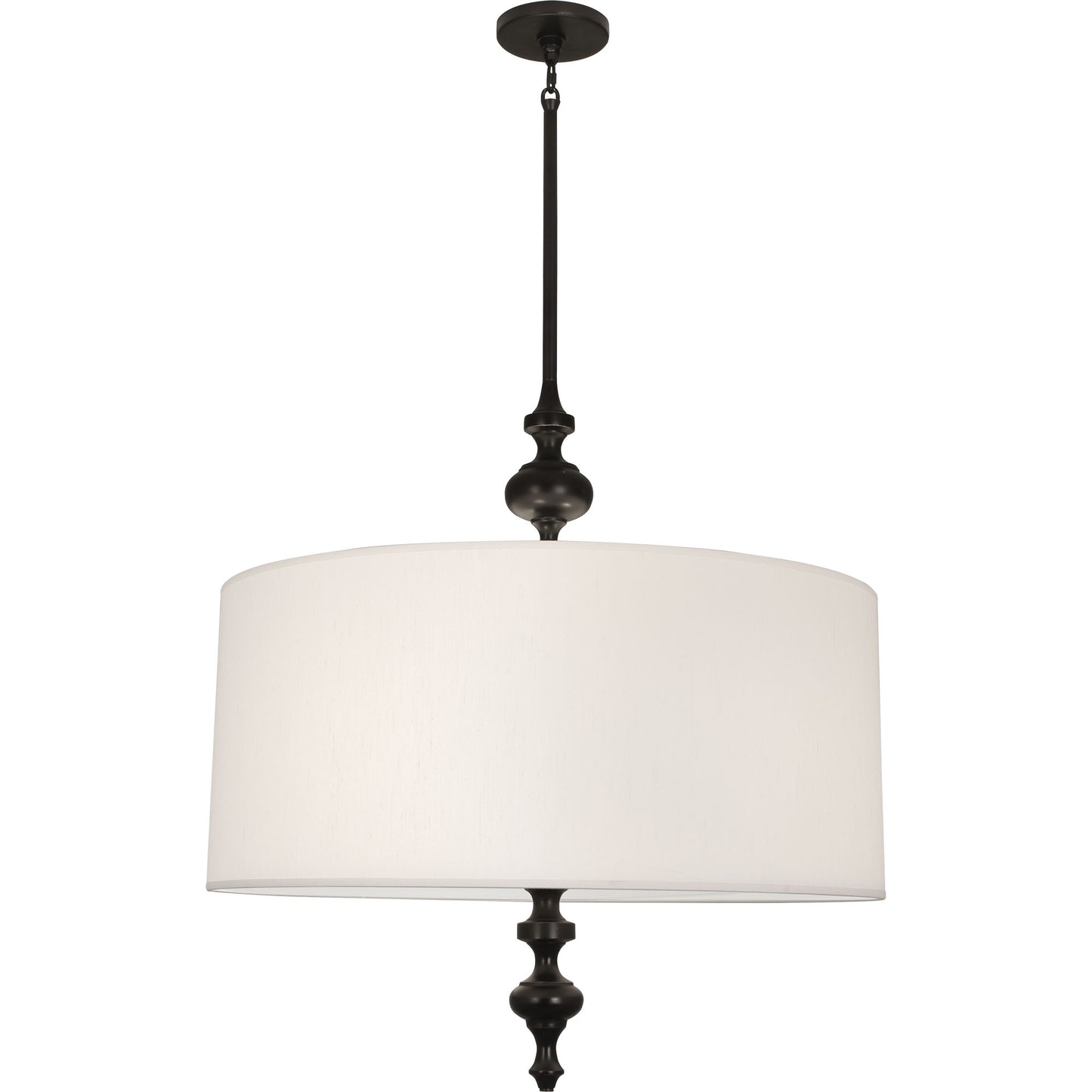 A classic candlestick-inspired pendant light with pearl fabric shade and deep patina bronze finish.