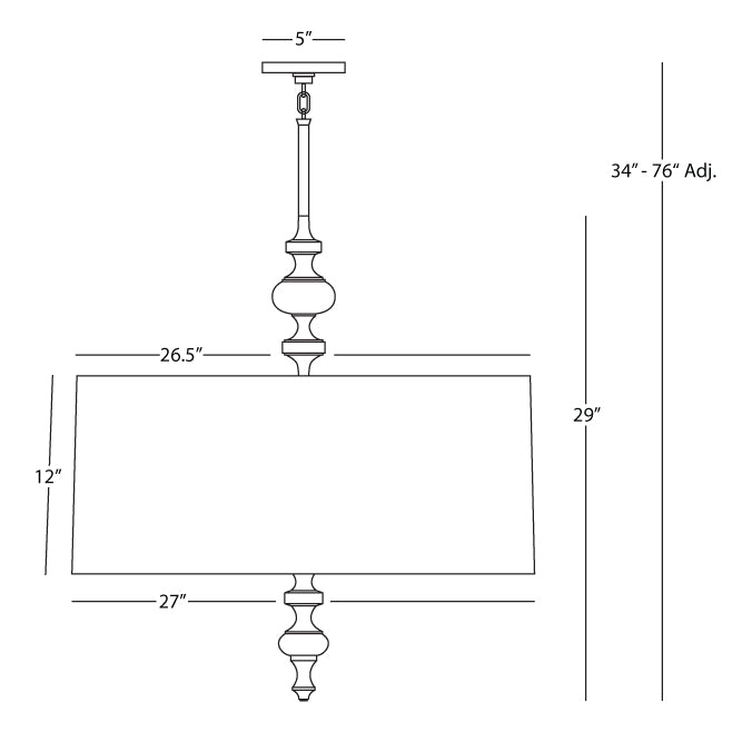 Detailed dimensions and adjustable drop range for the Arthur Pendant Light, showing its proportions.