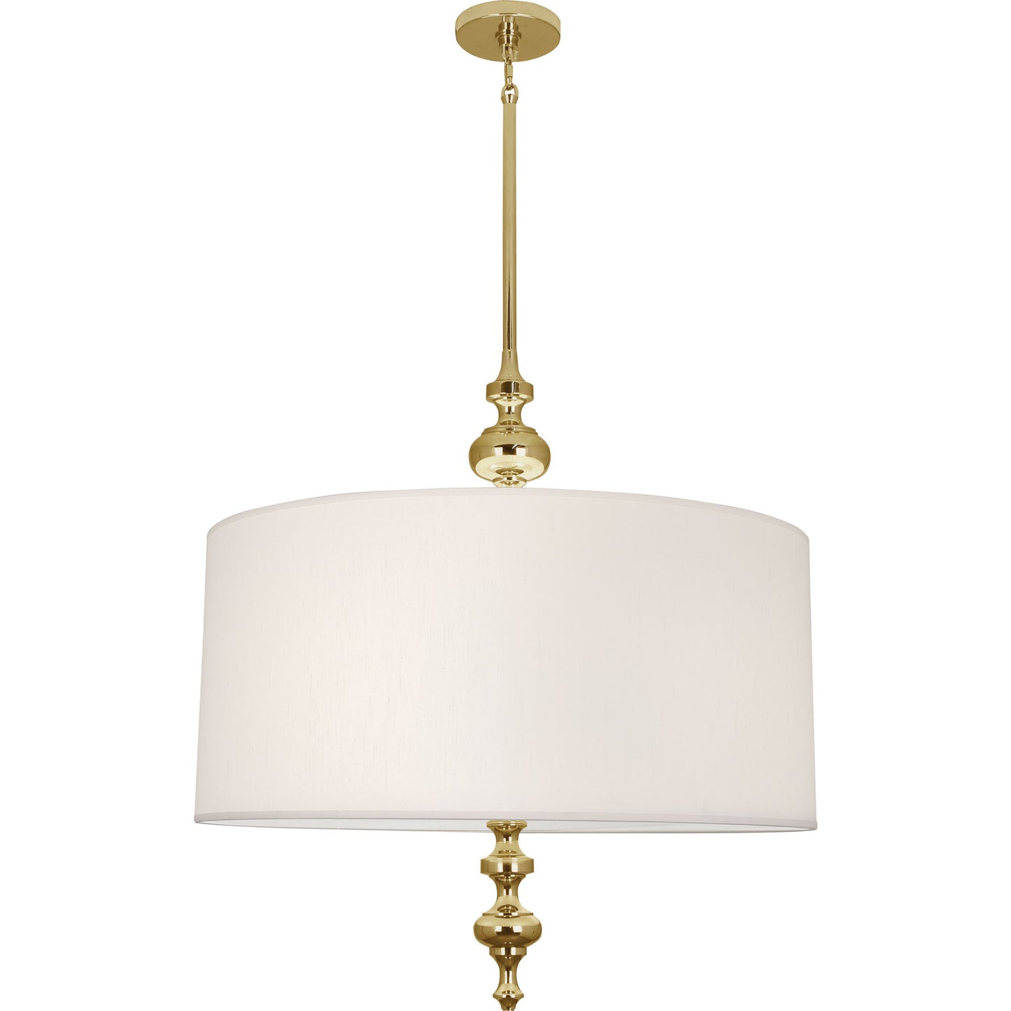 Elegant candlestick pendant light featuring a modern brass finish and pearl fabric shade.