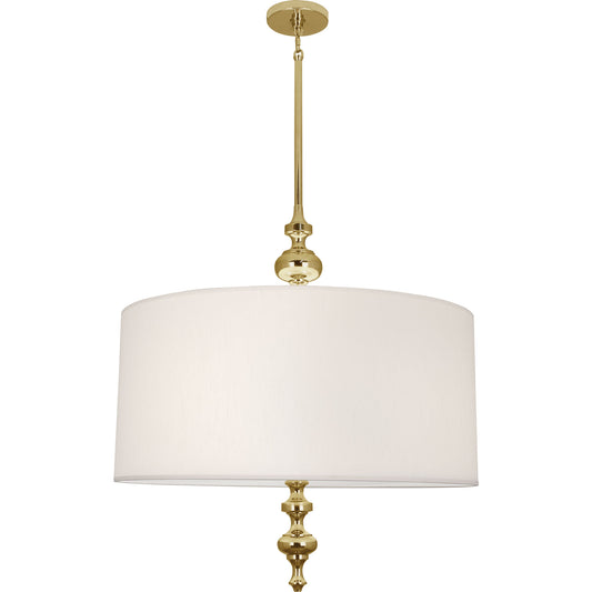 Elegant candlestick pendant light featuring a modern brass finish and pearl fabric shade.