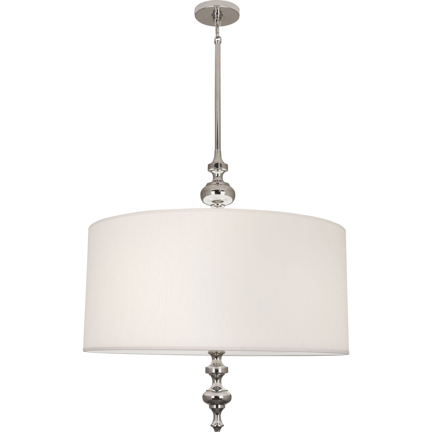 A timeless pendant light with polished nickel finish and pearl fabric shade for a sleek, modern look.