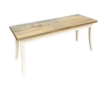 Astoria Dining Bench with Wormy Maple seat and White painted base, showcasing rustic charm and modern elegance.