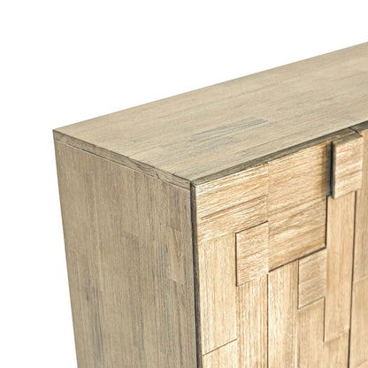 Close-up of the top corner of Atlantis Contemporary Sideboard showcasing detailed geometric wooden panel design.