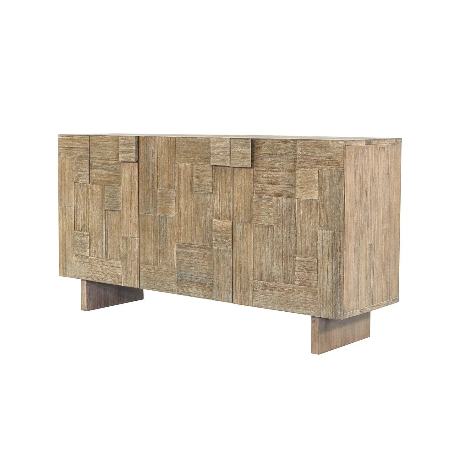 Perspective view of the Atlantis Contemporary Sideboard featuring geometric panel design and storage compartments.