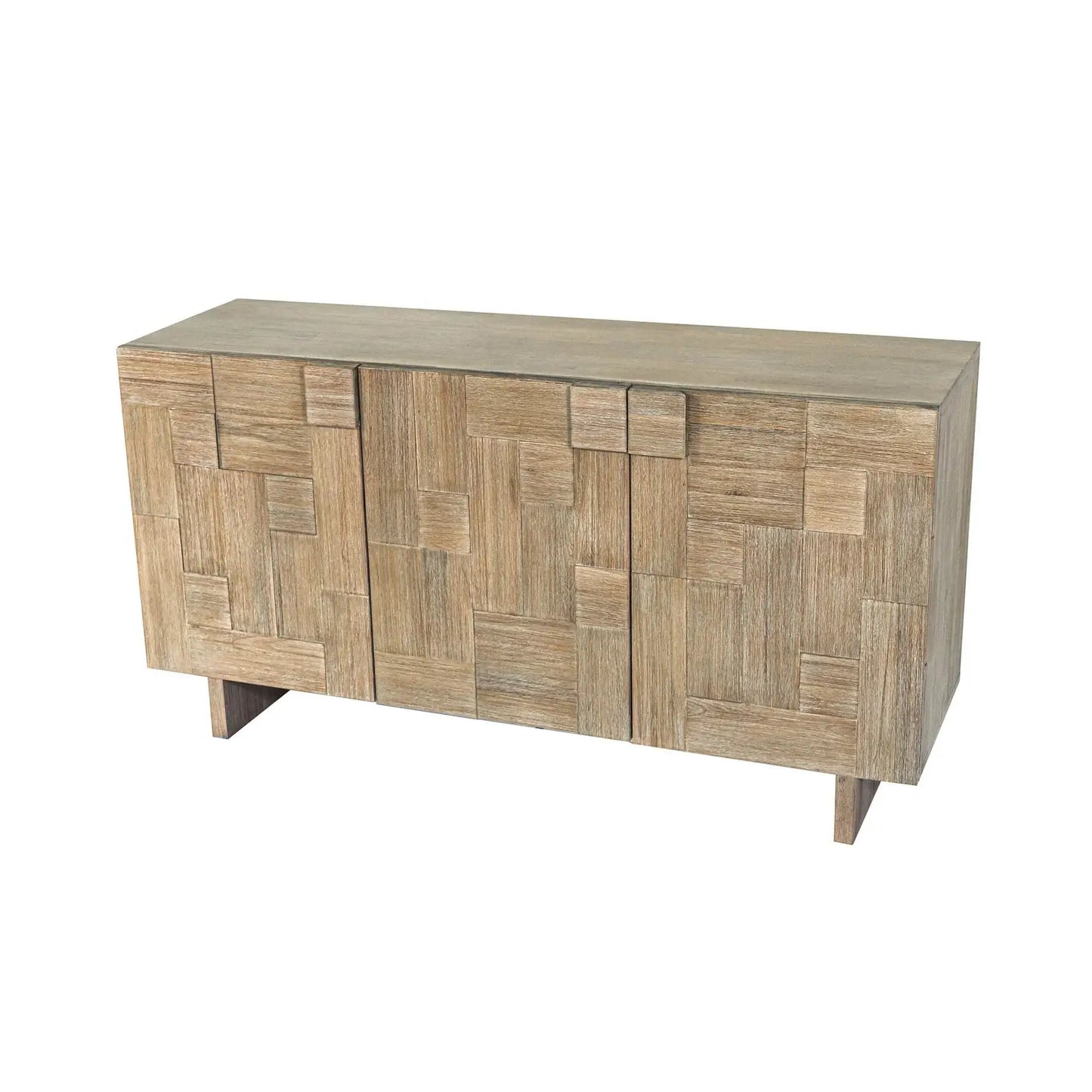 Front view of the Atlantis Solid Wood Sideboard showing a geometric panel design in a brushed light taupe finish.