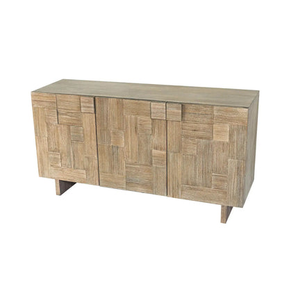 Front view of the Atlantis Solid Wood Sideboard showing a geometric panel design in a brushed light taupe finish.