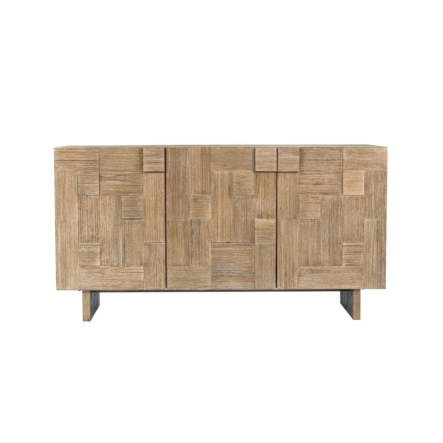 Front view of Atlantis Sideboard featuring geometric wooden panels and light taupe-brushed finish.