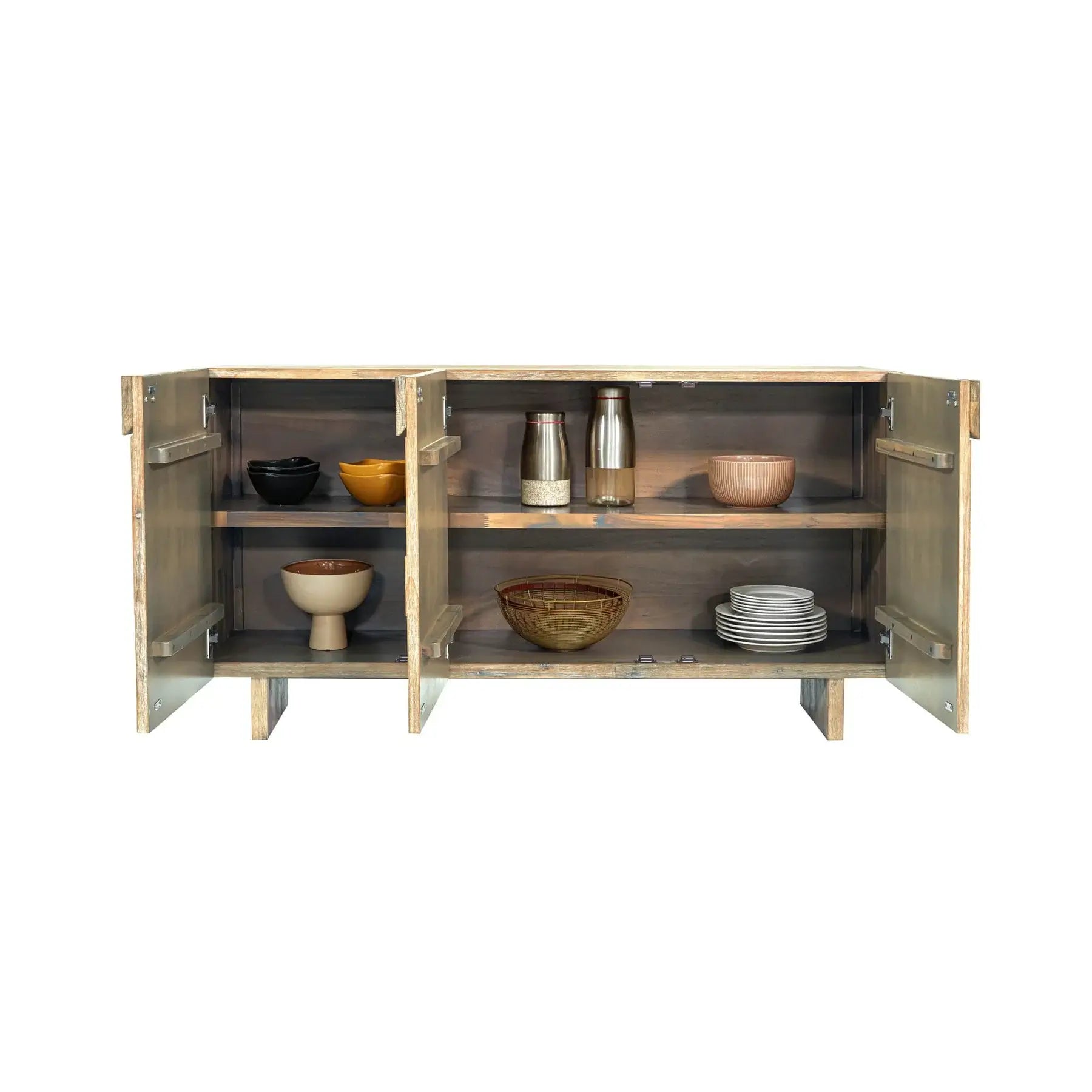 Fully opened Atlantis Solid Wood Sideboard displaying spacious inner shelving with dinnerware and kitchen items.