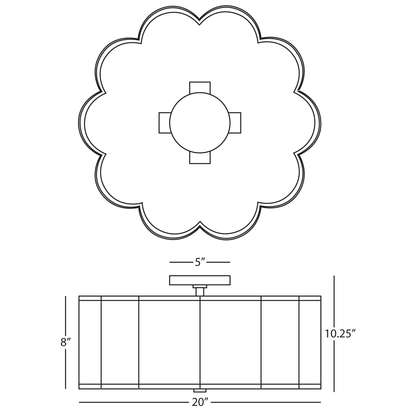 Dimensions diagram of Axis fabric flushmount showing height, width, and wiring details.