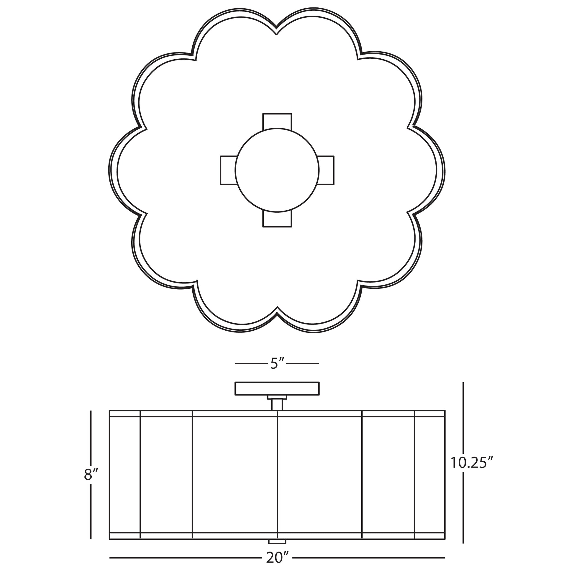 Dimensions diagram of Axis fabric flushmount showing height, width, and wiring details.