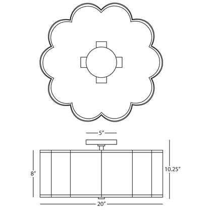 Dimensions diagram of Axis fabric flushmount showing height, width, and wiring details.