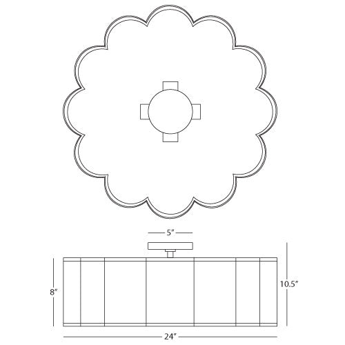 Diagram with measurements of a 24-inch scalloped semi-flush mount light with labeled dimensions.