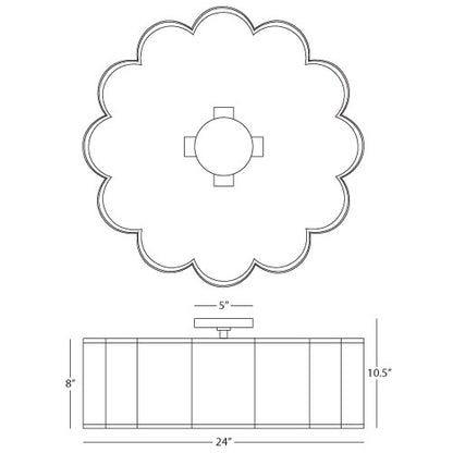 Diagram with measurements of a 24-inch scalloped semi-flush mount light with labeled dimensions.