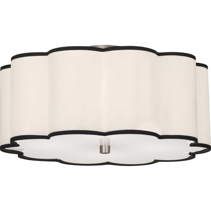 Axis flushmount in ascot white fabric with a sleek, elegant scalloped design.