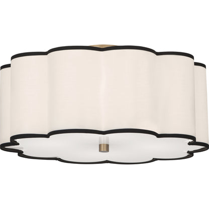 Scalloped fabric flushmount with black contrasting trim and aged brass details.