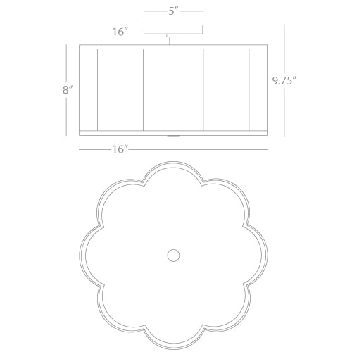 Detailed dimensions of a scalloped semi-flush mount light, showing height, width, and wiring specifications.