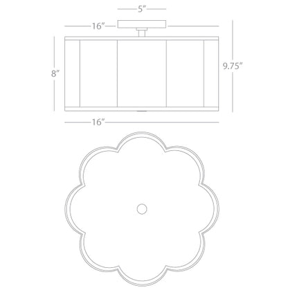 Detailed dimensions of a scalloped semi-flush mount light, showing height, width, and wiring specifications.