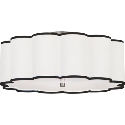 Semi-flush mount light fixture in scalloped shape with brushed nickel accents.