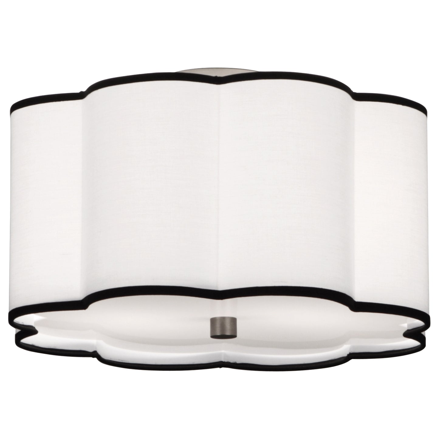 Scalloped semi-flush mount light with a white fabric shade, black contrasting trim, and brushed nickel accents.