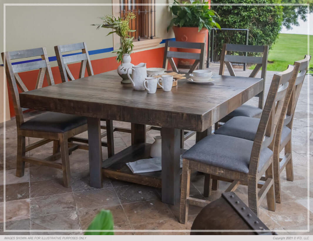 Full view of the Loft Brown 54" Square Dining Table with four chairs in a dining room setting.