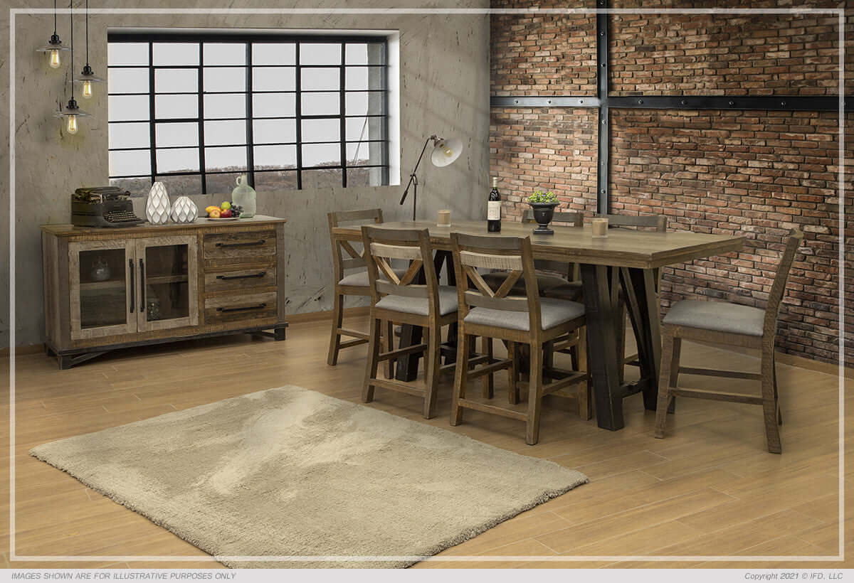 Loft Brown Counter Table in a modern dining setting with exposed brick walls.