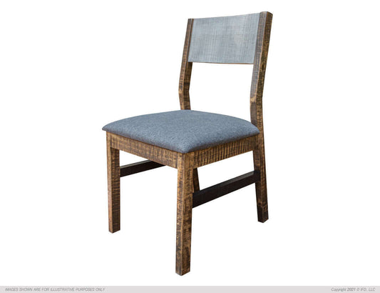  Grey fabric dining chair with hand-painted grey and brown solid pine wood frame.