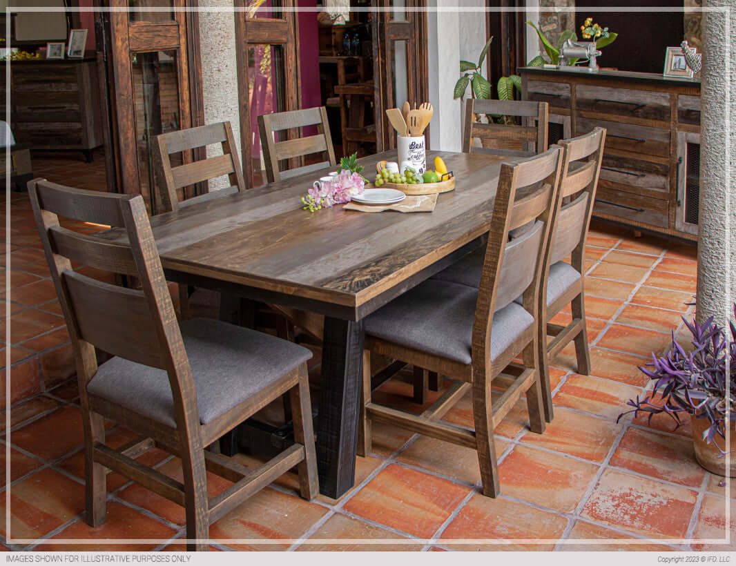 Close-up of Antique Gray Dining Table showcasing its hand-painted reclaimed wood finish in gray and brown tones.